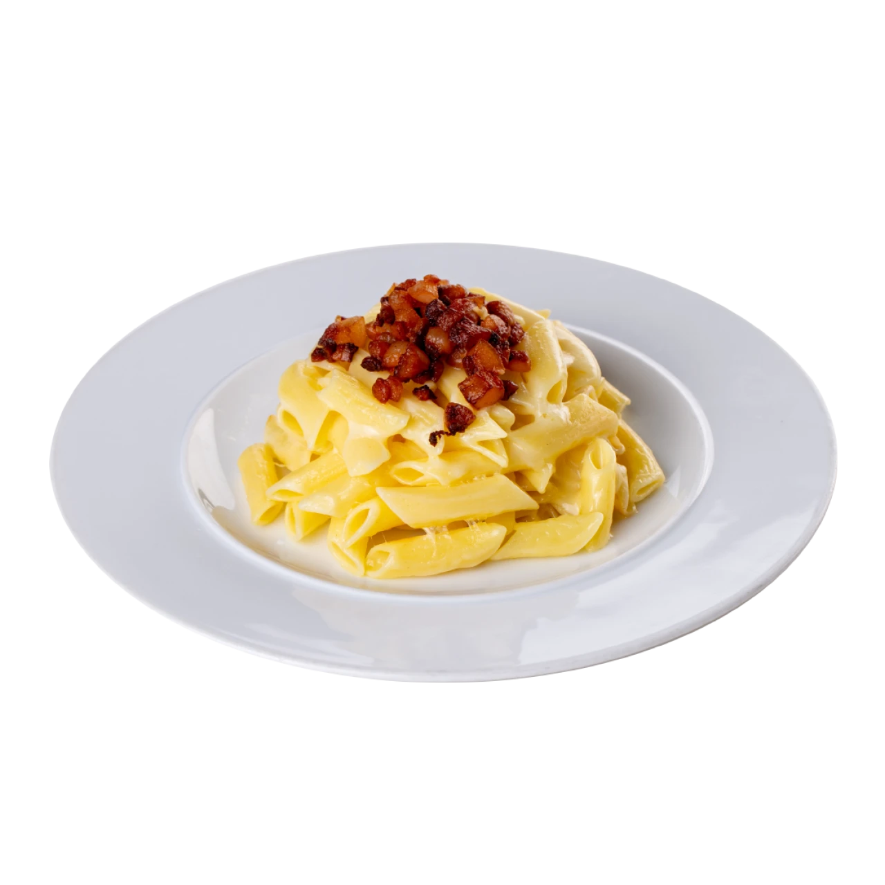 Penne cu brânză și jumări de slănină